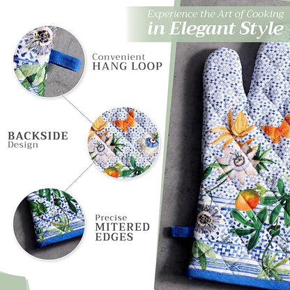 Maison d' Hermine 100% Cotton Oven Mitt & Pot Holder Set (7.5"x13" & 8"x8") Heat Resistant BBQ Cooking Gloves with Loop Baking Grilling Kitchen Hotel Home Farmhouse Spring Summer (Passiflora)