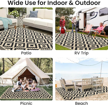 Smiry Outdoor Rug 4x6 ft Waterproof Reversible Boho Mat, Black & White | Polypropylene Plastic Straw, Quick Drying, Lightweight Foldable, for Patio, Deck, RV Camping, Backyard and Indoor Outdoor Use