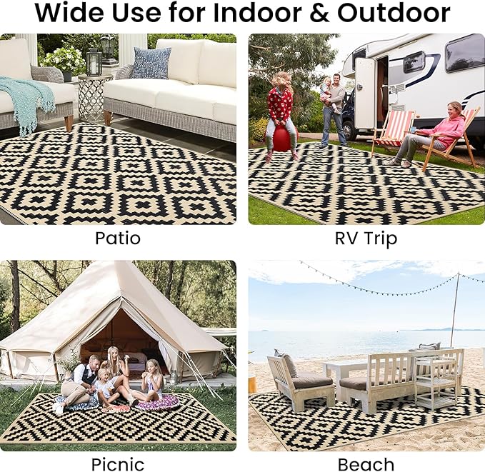 Smiry Outdoor Rug 4x6 ft Waterproof Reversible Boho Mat, Black & Beige | Polypropylene Plastic Straw, Quick Drying, Lightweight Foldable, for Patio, Deck, RV Camping, Backyard and Indoor Outdoor Use