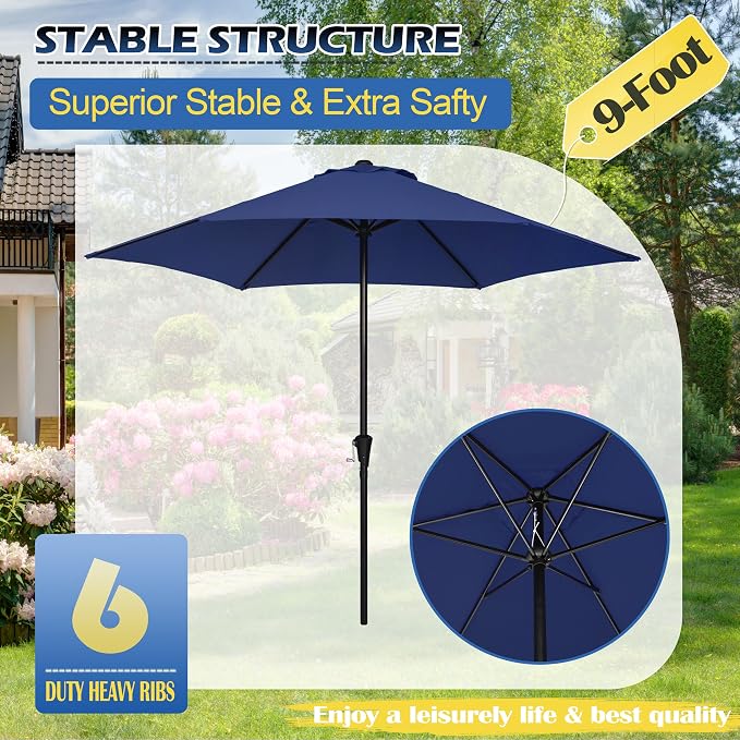 Sunnyglade 9FT Outdoor Patio Umbrella, Market & Table Umbrella with 6 Sturdy Ribs and Crank System, Fade-resistant & Waterproof for Garden Backyard Poolside Deck