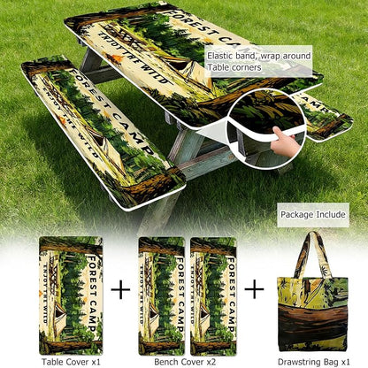 3 Piece Picnic Table Cover with Bench Covers and Bag, Camping Essentials | Outdoor 6ft Table Cover with Elastic Edges, Waterproof Windproof, for Rectangle Tables and Seat for Patio, Forest (30"x72")