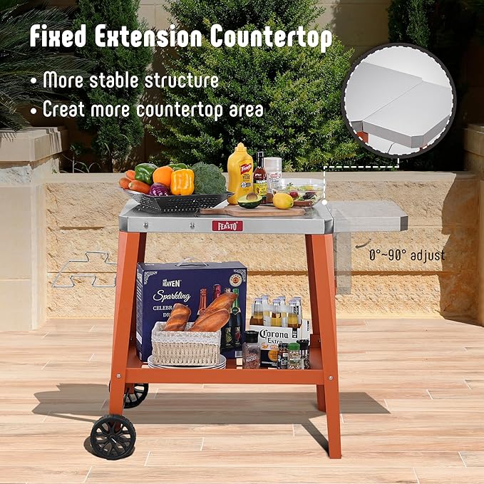 Feasto Movable Outdoor Grill Table Cart, Pizza Oven Stand with Wheels, Stainless Steel Countertop with Foldable Extension Table, Versatile Food Prep Grill Cart for Outdoor BBQ Cooking
