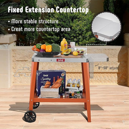 Feasto Movable Outdoor Grill Table Cart, Pizza Oven Stand with Wheels, Stainless Steel Countertop with Foldable Extension Table, Versatile Food Prep Grill Cart for Outdoor BBQ Cooking