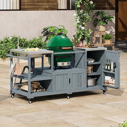75.4" Outdoor Kitchen Island with Sink, Solid Wood Grill Cart for XL Big Green Egg, Rolling Outdoor Bar Cart with Stainless Steel Top, Adjustable Shelves, 6 Wheels for BBQ Pizza Prep