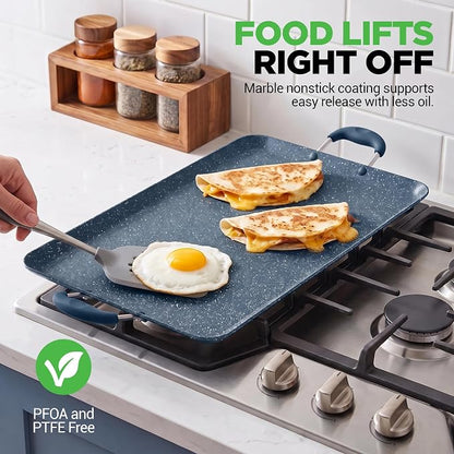 NutriChef Double Burner Griddle | Flat Top Griddle for Stove Top | Nonstick marble-coated griddle pan with extra-large easy to clean cooking surface, perfect for pancakes and tortillas