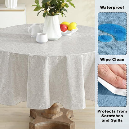 Newbridge Napa Leaf Beige Vinyl Flannel Backed Tablecloth, 70 Inch Round, Hotel Quality Waterproof Indoor Outdoor Table Cover for Kitchen, Patio, Dining, BBQ