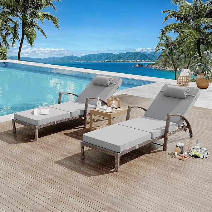 Garvee Outdoor Chaise Lounge Chairs Set of 2, PE Rattan Wicker Patio Lounge Chairs with 5-Position Adjustable Backrest, 3.5" Cushions & Wheels, 380 lbs Capacity Heavy Duty Pool Lounge Chair,Grey