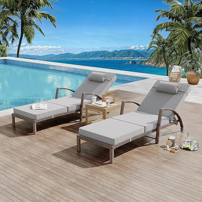 Garvee Outdoor Chaise Lounge Chairs Set of 2, PE Rattan Wicker Patio Lounge Chairs with 5-Position Adjustable Backrest, 3.5" Cushions & Wheels, 380 lbs Capacity Heavy Duty Pool Lounge Chair,Grey