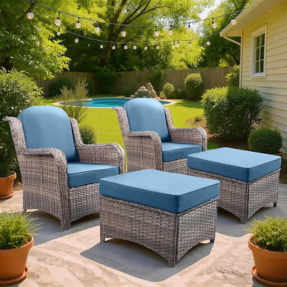 4 Piece Outdoor Wicker Patio Furniture Set, Patio Chairs Set with Thickened Cushions, High Back and Deep Seating, Hand-Woven Rattan, Ottoman for Porch, Deck, Peacock Blue
