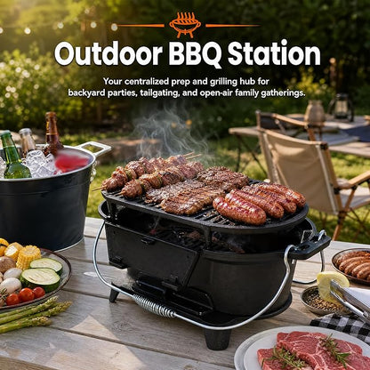 Cast Iron Hibachi Grill Outdoor, Japanese Yakitori Grill for Camping, Small Portable Charcoal Hibachi Grills, Cast Iron, with Double-Sided Grate, for Indoor Outdoor BBQ (1, Built-in handle)