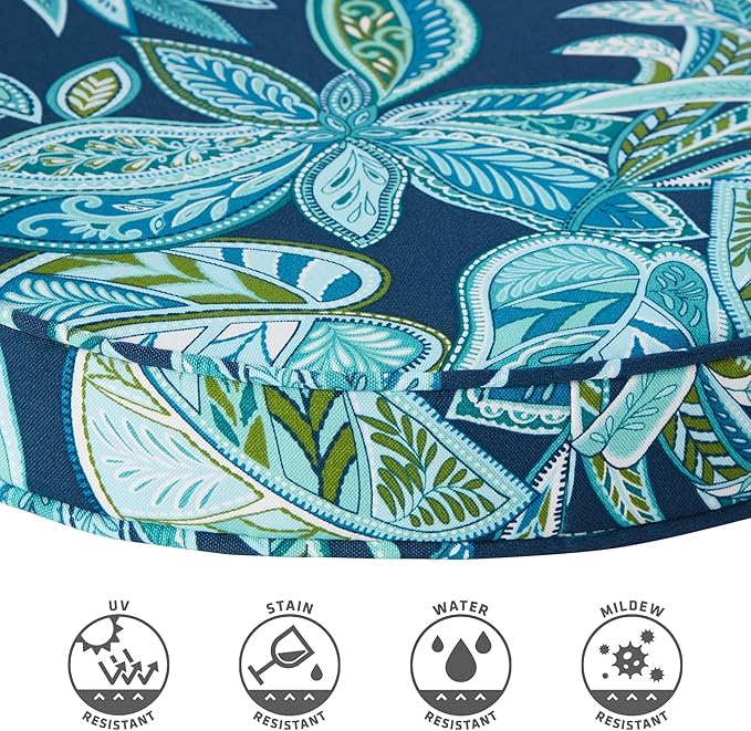 Set of 2 Outdoor 18 inch Round Patio Dining Chair Pads – Comfortable Fiber-Filled Seat Cushions with Ties, Reversible Polyester Fabric - Botanical Crestwood