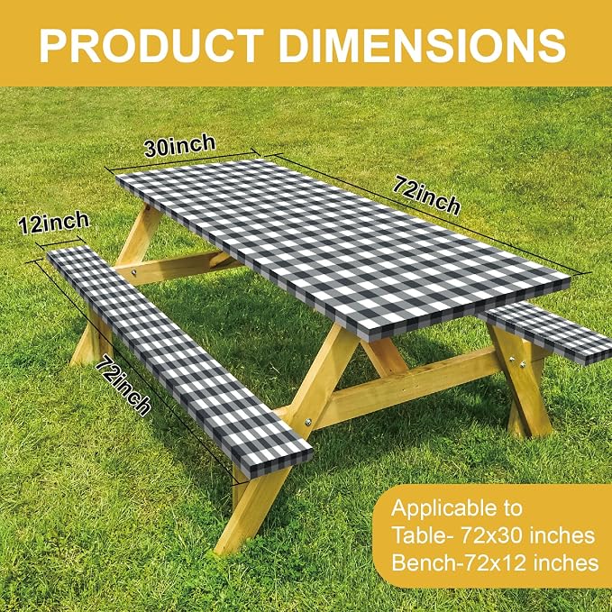 Picnic Table Cover with Bench Covers, Washable Tablecloth for 6 Foot Rectangle Tables – 72"x30" Waterproof Elastic Fitted Black and White Checkered Camping Tablecloth for Outdoor Use