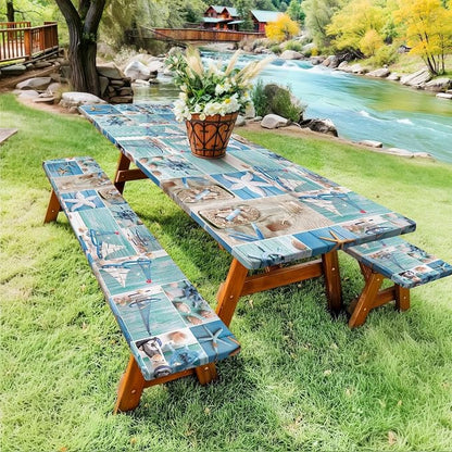Picnic Table Cover with Bench Covers, Outdoor Camping Patio BBQ RV Essentials, Waterproof Windproof Camping Tablecloth with Drawstring Bag, Fitted Rectangle Tables and Seats, 72in, Nautical