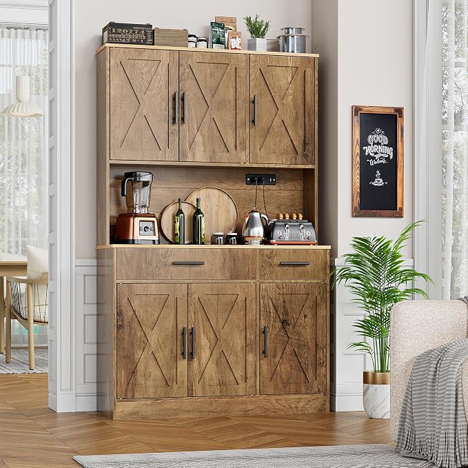 Shintenchi Pantry Cabinet with Charging Station, 70” Tall Kitchen Storage Cabinet with Microwave Stand, Storage Drawers & Adjustable Shelves, Large Capacity Kitchen Hutch for Dining Room, Brown