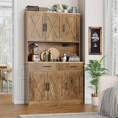 Shintenchi Pantry Cabinet with Charging Station, 70” Tall Kitchen Storage Cabinet with Microwave Stand, Storage Drawers & Adjustable Shelves, Large Capacity Kitchen Hutch for Dining Room, Brown