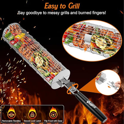 Rolling Grill Baskets for Outdoor Grill, 2PCS BBQ Grilling Basket with Removable Wooden Handle, Stainless Steel Camping Cooking Grill Accessories for Meat Fish Vegetable Seafood, Gifts for Men Dad Husband