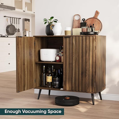 Semiocthome Walnut Buffet Cabinet with Storage, Sideboard Cabinet with Fluted Doors and Metal Legs, Storage Cabinet with Adjustable Shelf, Accent Table for Living Room, Dining Room, Kitchen, Entryway