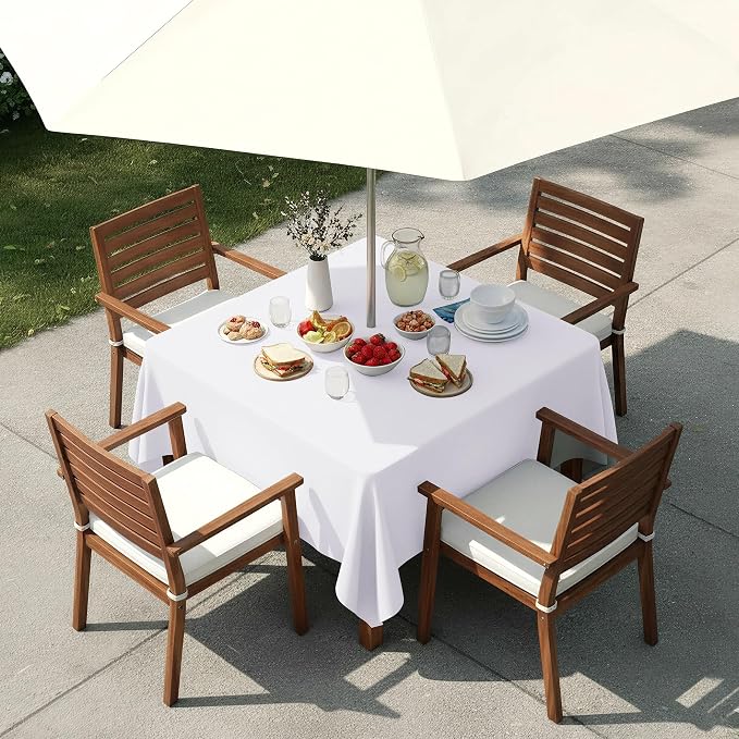 LUSHVIDA Square Outdoor Tablecloth with Umbrella Hole and Zipper, 54x54 Inch White, Washable Waterproof Table Cloth Spill Proof Wrinkle Free Table Cover for Patio Spring Summer Picnic BBQS