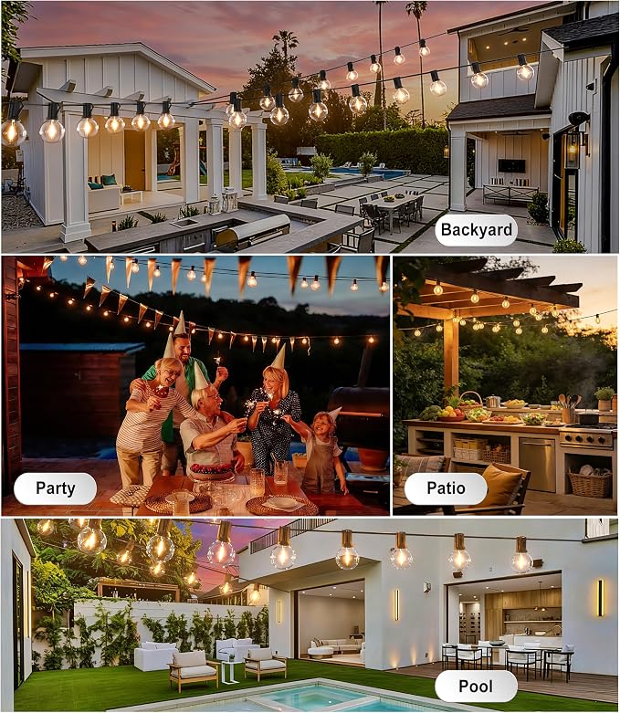 Outdoor String Lights Waterproof 50FT Patio Lighting for Backyard Bistro | 50FT Connectable Outdoor Lights,27 Plastic Dimmable Globe Bulbs for Backyard Bistro Porch Garden Gazebo Balcony Deck Cafe