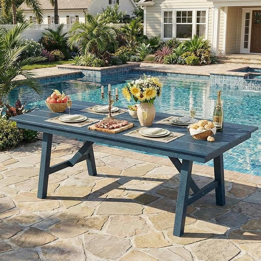 Garvee Outdoor Patio Dining Table for 4-6, 66.9" Long HDPE Garden Dining Table with Umbrella Hole, Aluminum Frame, Triangular Legs, Waterproof, All-Weather for Backyard, Poolside, Navy Blue