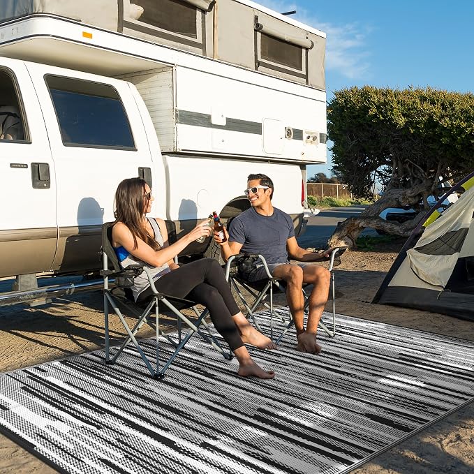 GENIMO Outdoor Rug, Waterproof Plastic Rugs for Patio, 9'x12' Onyx White | Outside Larger Modern Carpet Mat for Porch Decor, Deck, Balcony, Camping, RV, Backyard, Picnic, Beach, Reversible, Foldable