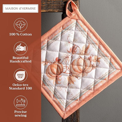 Maison d' Hermine Pot Holders Set 100% Cotton Heat Resistant Potholders 8" x 8" Hot Pads with Loop for Thanksgiving Christmas Decorations BBQ Baking Handling Hot Pans (Pack of 2, Giving Thanks)