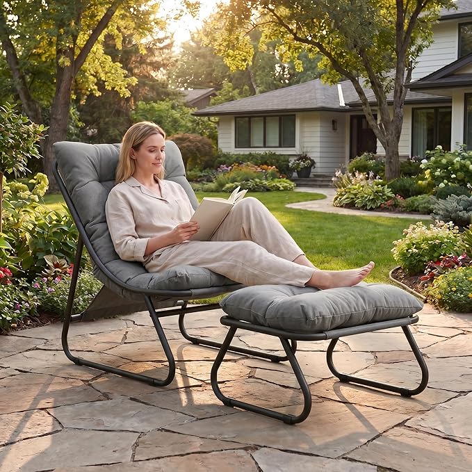 Rocking Chair with Ottoman, Modern Metal Frame Outdoor Rocker, Comfy Patio Lounge Chair with Footrest, Reading Glider Chairs for Living Room, Bedroom, Balcony, Garden, Relax, Grey
