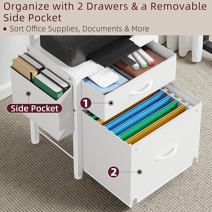 HIGDBFE Filing Cabinet with 2-Tier Printer Shelves, 2 Fabric Drawers File Cabinet with Reversible Side Bag&File Drawer, Printer Stand with Storage for Home Office, White, 16.5" W