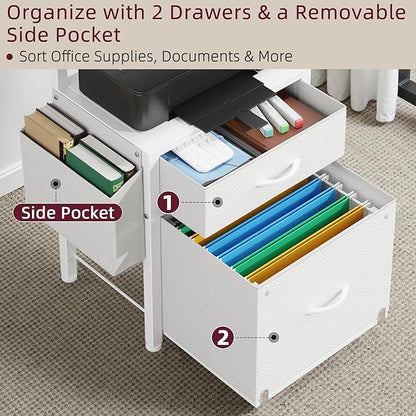 HIGDBFE Filing Cabinet with 2-Tier Printer Shelves, 2 Fabric Drawers File Cabinet with Reversible Side Bag&File Drawer, Printer Stand with Storage for Home Office, White, 16.5" W