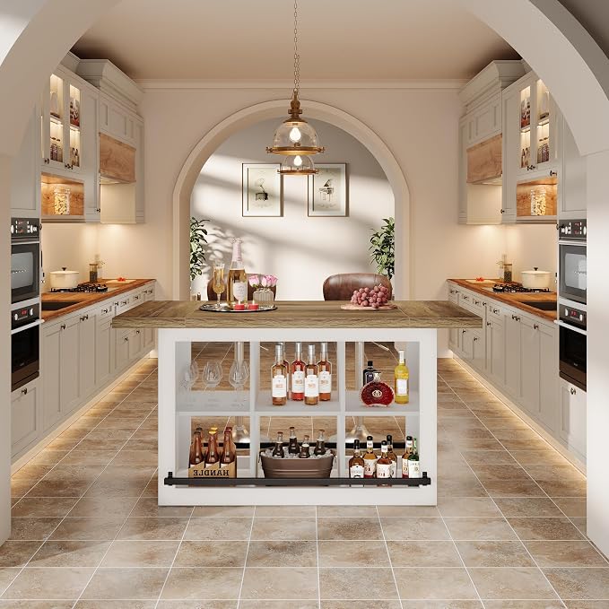Tribesigns Kitchen Island with Storage, Farmhouse Island Bar, Brown&White | 62.6" Wooden Stationary Kitchen Storage Island Counter Height with 6 Open Cubbies and Footrests for Dining Room, Vintage