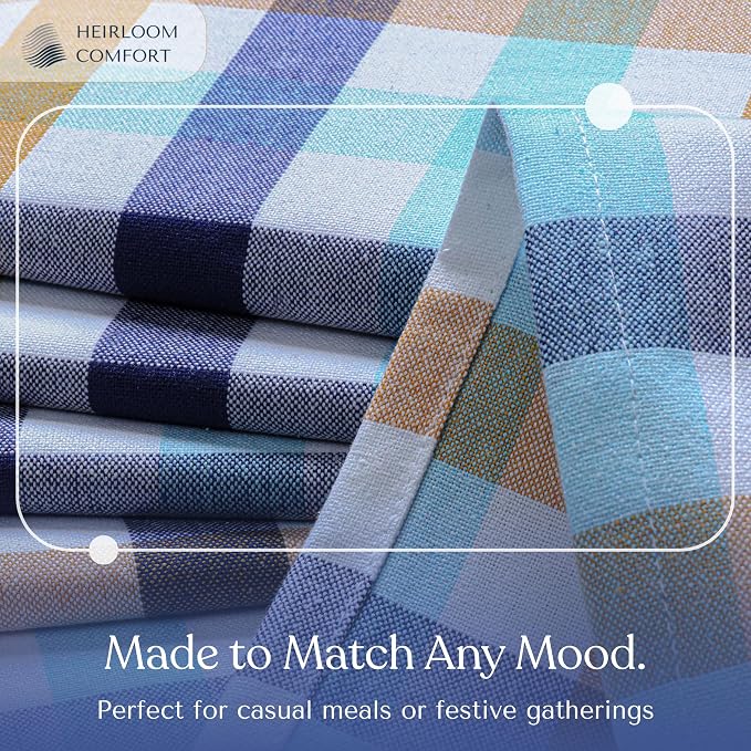 Gingham Tablecloth 60"x102" Cotton Washable Table Cover for Indoor Outdoor Dining, Holiday Events, BBQ, Everyday Table Settings, Indigo Blue, Mustard Yellow, Aqua Blue White