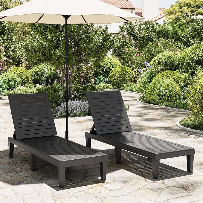 Outdoor Chaise Lounge Chairs Set of 4, 5-Position Adjustable Heavy Duty Tanning Loungers with Wood Texture, All-Weather Resin Patio Recliners for Pool, Garden, Deck, Beach, Black