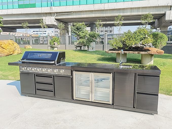 Modular 3 Piece Island Electric and Propane or Natural Gas BBQ Outdoor Black Stainless Steel Grill Kitchen with Double Wine Refrigerator, Sink, Rotisserie, Black Marble Top and FREE Protective Cover