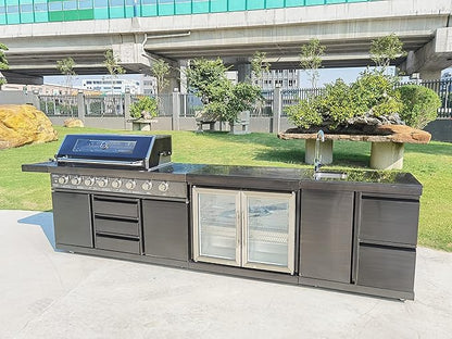 Modular 3 Piece Island Electric and Propane or Natural Gas BBQ Outdoor Black Stainless Steel Grill Kitchen with Double Wine Refrigerator, Sink, Rotisserie, Black Marble Top and FREE Protective Cover