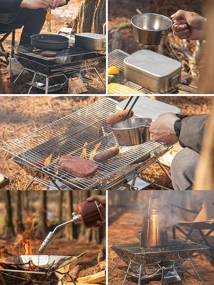CAMPINGMOON Large Portable Campfire Fire Pit BBQ Grill Stainless Steel Foldable Collapsible Wood Burning Charcoal Grill for Heavy Duty Outdoor Cooking RV Camping, 20x13-inch, Carry Bag included MT-3