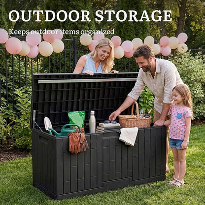 YITAHOME Large Deck Box 120 Gallon Resin Outdoor Storage Box with Slide-Locking Lid, Patio Storage Bin and Bench Seat for Outdoor Pillows, Garden Tools and Pool Supplies, Waterproof Lockable, Black