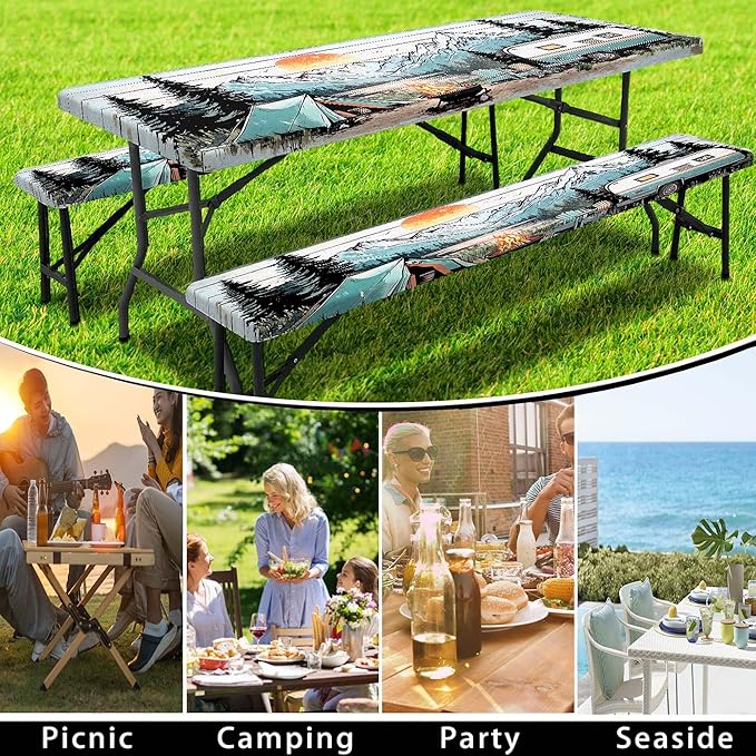 Picnic Table Cover with Bench Covers and Bag, Wooden Camper Waterproof Windproof, Fitted Tablecloth Cover with Elastic Edge, for Indoor & Outdoor, Garden, Camping, 3 Pieces Set, 30x60 Inch