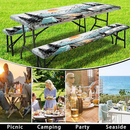 Picnic Table Cover with Bench Covers and Bag, Wooden Camper Waterproof Windproof, Fitted Tablecloth Cover with Elastic Edge, for Indoor & Outdoor, Garden, Camping, 3 Pieces Set, 30x60 Inch