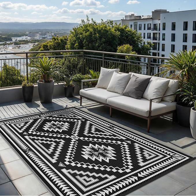 GENIMO Outdoor Rug, Waterproof Plastic Rugs for Patio, 6'x9' Shadow White | Outside Larger Modern Carpet Mat for Porch Decor, Deck, Balcony, Camping, RV, Backyard, Picnic, Beach, Reversible, Foldable