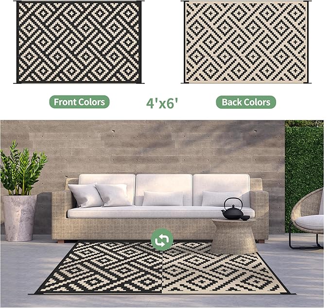 GENIMO Outdoor Rug 4'x6' Waterproof, Reversible Camping Mat, Plastic Straw Rugs for Patio, RV, Camper, Balcony, Backyard, Picnic, Deck (Black & Beige) | Outside Larger Modern Carpet Mat for Porch Decor, Deck, Balcony, Camping, RV, Backyard, Picnic, Bea...