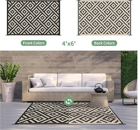 GENIMO Outdoor Rug 4'x6' Waterproof, Reversible Camping Mat, Plastic Straw Rugs for Patio, RV, Camper, Balcony, Backyard, Picnic, Deck (Black & Beige) | Outside Larger Modern Carpet Mat for Porch Decor, Deck, Balcony, Camping, RV, Backyard, Picnic, Bea...