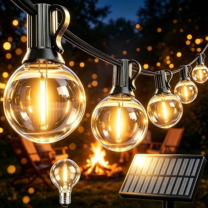 Solar Lights Outdoor Patio Lights 40FT G40 Waterproof Dimmable | 13 Shatterproof Edison Bulbs Patio Lights, Solar or USB charging, 3 Light Modes for Backyard, Porch, Deck, Balcony, Garden