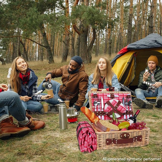Wicker Picnic Basket Set for 4, Blanket, Cooler Bag, Pink Red Plaid | Four-Person Wicker Set Includes Tableware, Insulated Food Storage and Waterproof Blanket for Parks, Camping, Dates and Gifts
