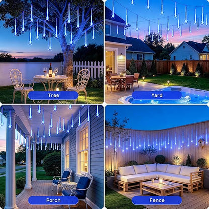 JMEXSUSS Solar Lights for Outdoor Decor, 8 Tube 144 LEDs Solar Meteor Shower Lights Outdoor, Hanging Blue Christmas Lights for Tree Yard Icicle Garden Patio Gazebo Eaves Front Porch Decor