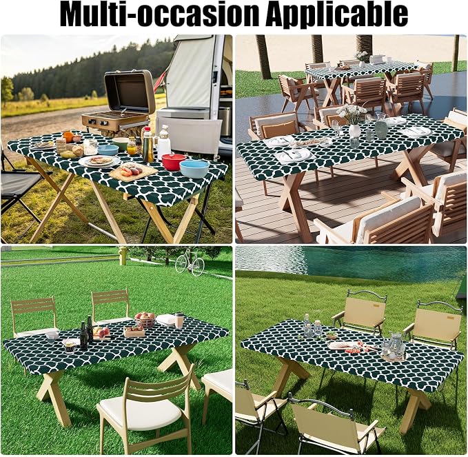 Smiry 2 Pack Rectangle Table Cloth 6 Foot, Waterproof Elastic Fitted Tablecloths, Windproof Washable Polyester Table Cover for Picnic, Camping, Outdoor (Hunter Green, 30"x72")