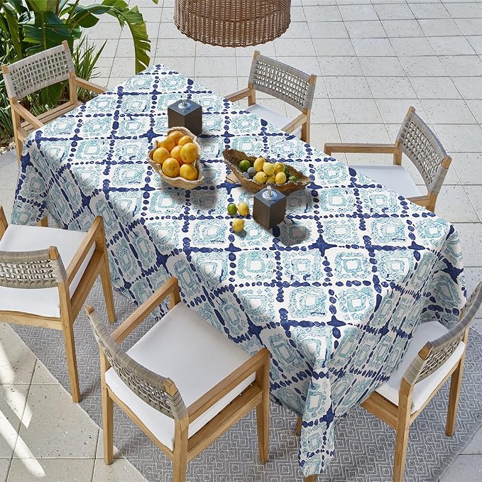Outdoor Rectangle Tablecloth, 60×84 Inch Water Repellent Picnic Table Cover with Umbrella Hole Zipper for Patio Family Meal, Boho Geometry Blue