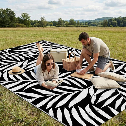 Smiry Outdoor Rug 5x8 ft Waterproof Reversible Leaf Mat, Black & White | Polypropylene Plastic Straw, Quick Drying, Lightweight Foldable, for Patio, Deck, RV Camping, Backyard and Indoor Outdoor Use