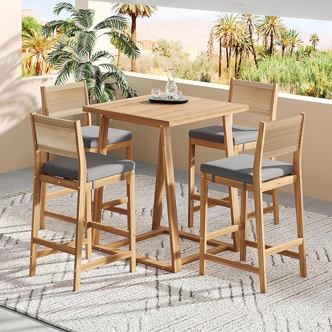 Christopher Knight Home Barron 5-Piece Acacia Wood Patio Bar Set, Patio Bar Table and Stools Set, Soft Seat Cushions, Rattan/Wicker Dining Set for Garden, Backyard, Poolside, Balcony,Teak + Dark Gray