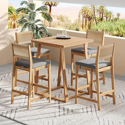 Christopher Knight Home Barron 5-Piece Acacia Wood Patio Bar Set, Patio Bar Table and Stools Set, Soft Seat Cushions, Rattan/Wicker Dining Set for Garden, Backyard, Poolside, Balcony,Teak + Dark Gray