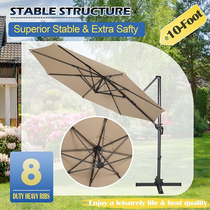Sunnyglade 10Ft Cantilever Patio Umbrella, 360° Rotation & Integrated Tilting System Offset Umbrella with 8 Sturdy Ribs, Fade-resistant & Waterproof for Garden Backyard Poolside Deck